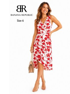 BANANA REPUBLIC White and Red Floral Print Midi Dress